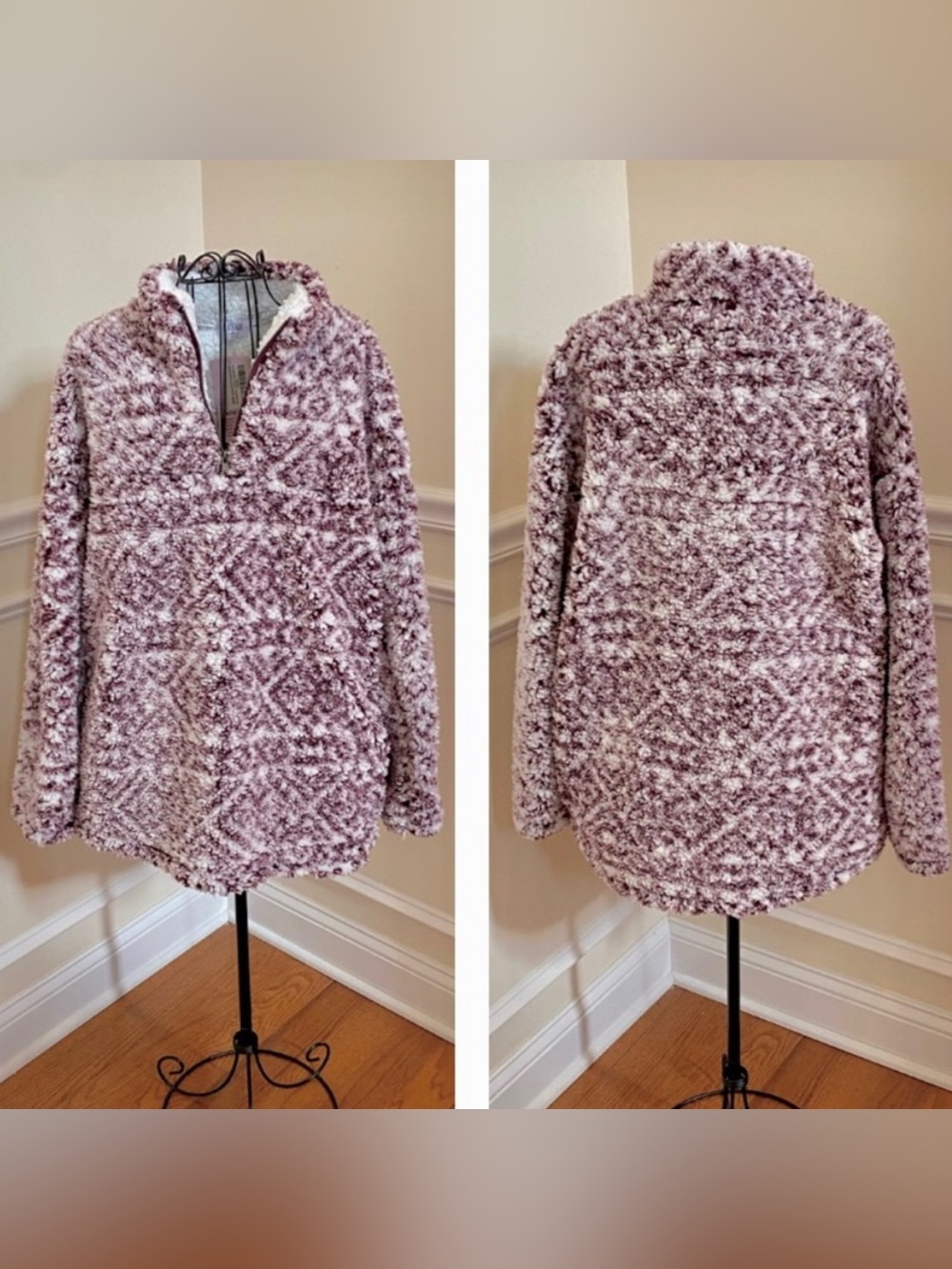 NWT Peach Love California Sherpa Half Zip Pullover Burgundy Print